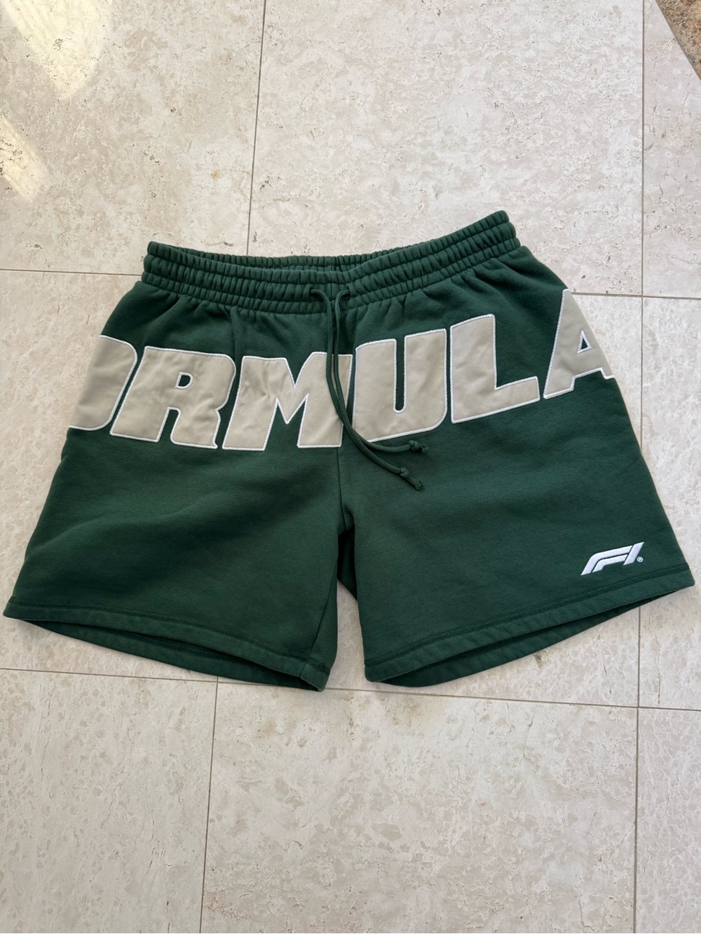 PacSun Dark Green Athletic Shorts with Cream 'FORMULA 1’ Lettering